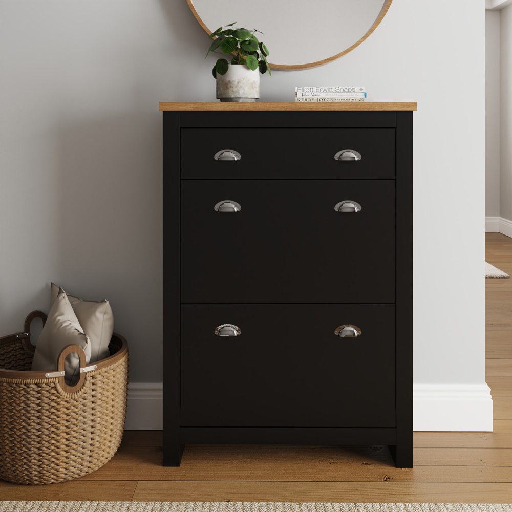 GFW Lancaster 2 Door 1 Drawer Black and Oak Shoe Cabinet Image 7