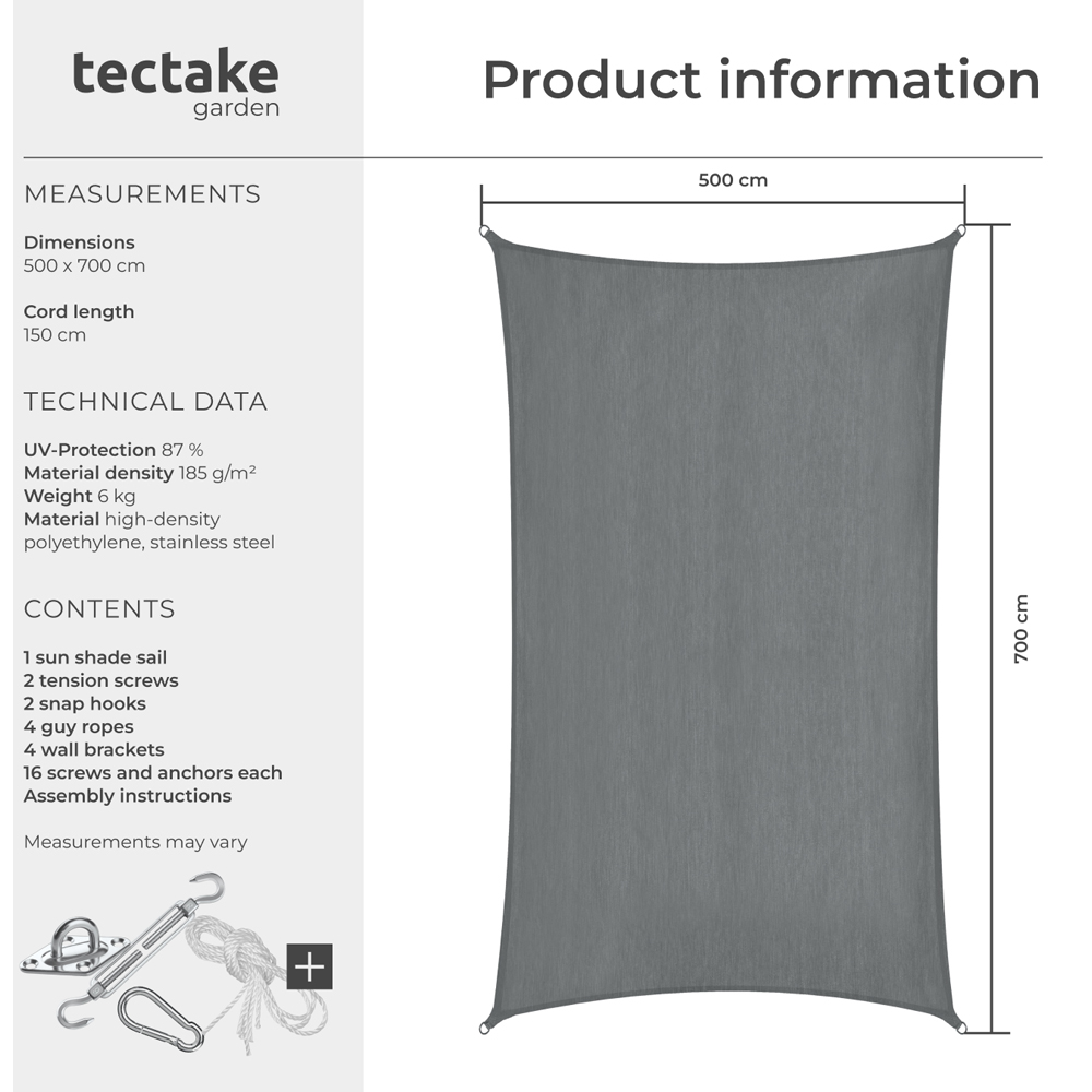 tectake Sonny Grey Water-Resistant Sun Shade Sail 500 x 700cm Image 8
