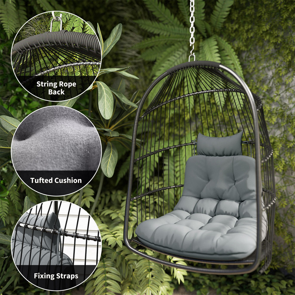 Outsunny Grey Rattan Indoor Outdoor Egg Chair with Installation Kit Image 6