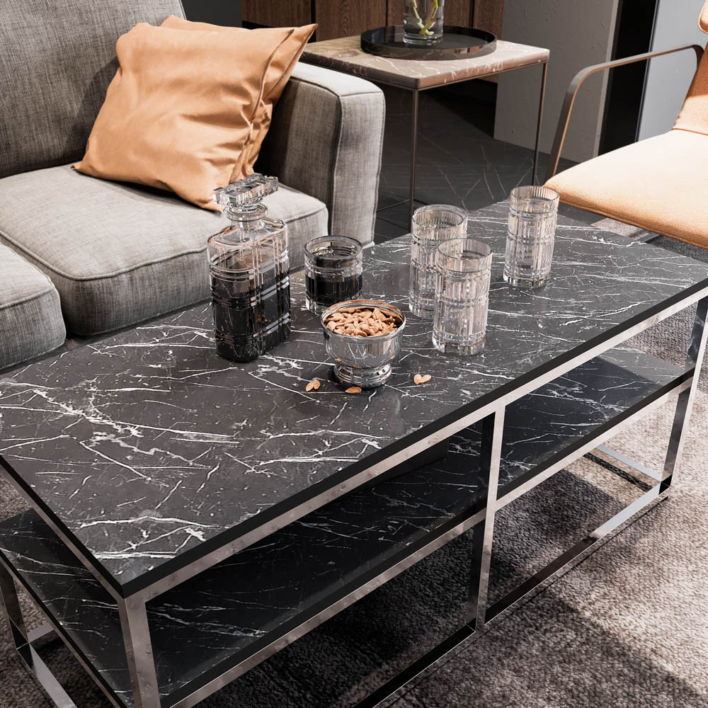 Decorotika Forteus Single Shelf White Black Marble Effect and Chrome Coffee Table with Metal Legs Image 3