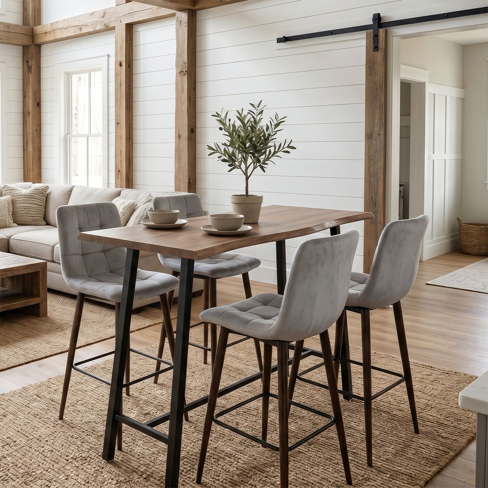 Kosy Koala 4 Seater Grey Velvet Wood Effect Top Bar Table and Stool Set Image 4