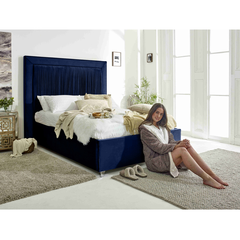 Eleganza Alexandra Small Double Blue Plush Velvet Bed Frame with Pleated Headboard Image 5