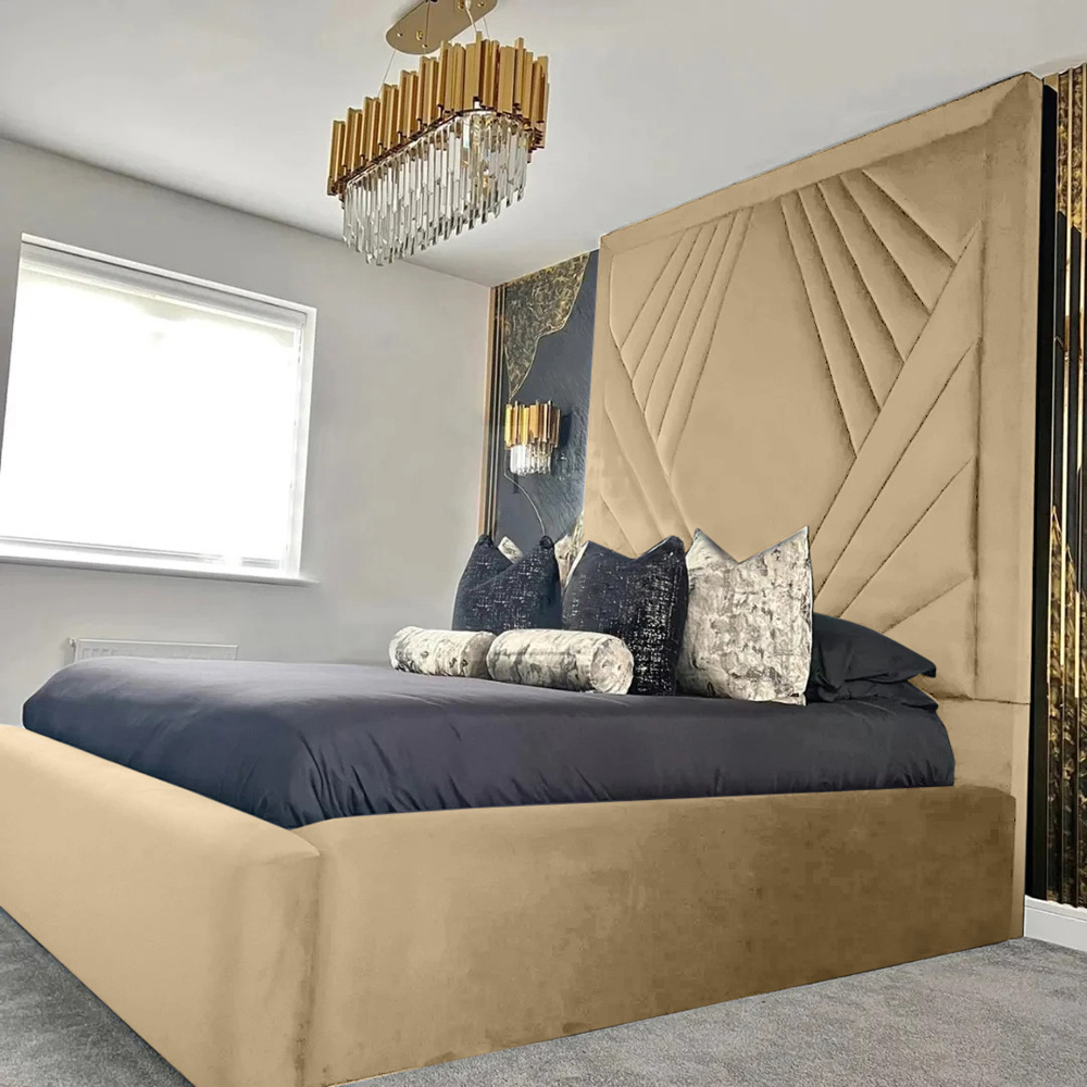 Eleganza Home Solia Double Beige Plush Velvet Bed Frame with Headboard Image 1