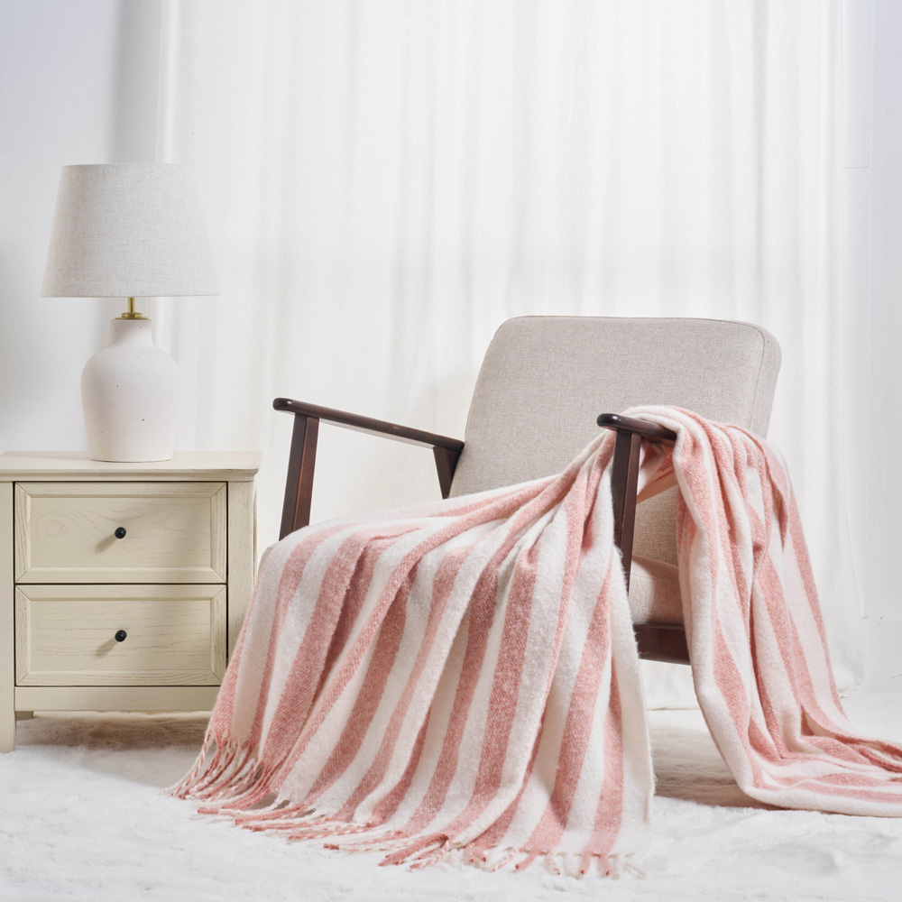 Allure Bath Fashions Pink Faux Mohair Striped Herringbone Throw Blanket 130 x 170cm Image 2