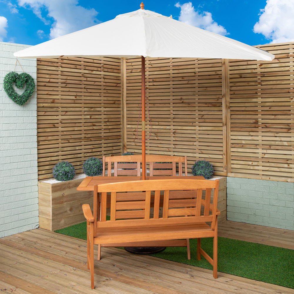 Samuel Alexander 4 Seater Wooden Rectangular Foldable Dining Bench Set with Cream Parasol and Base Image 1