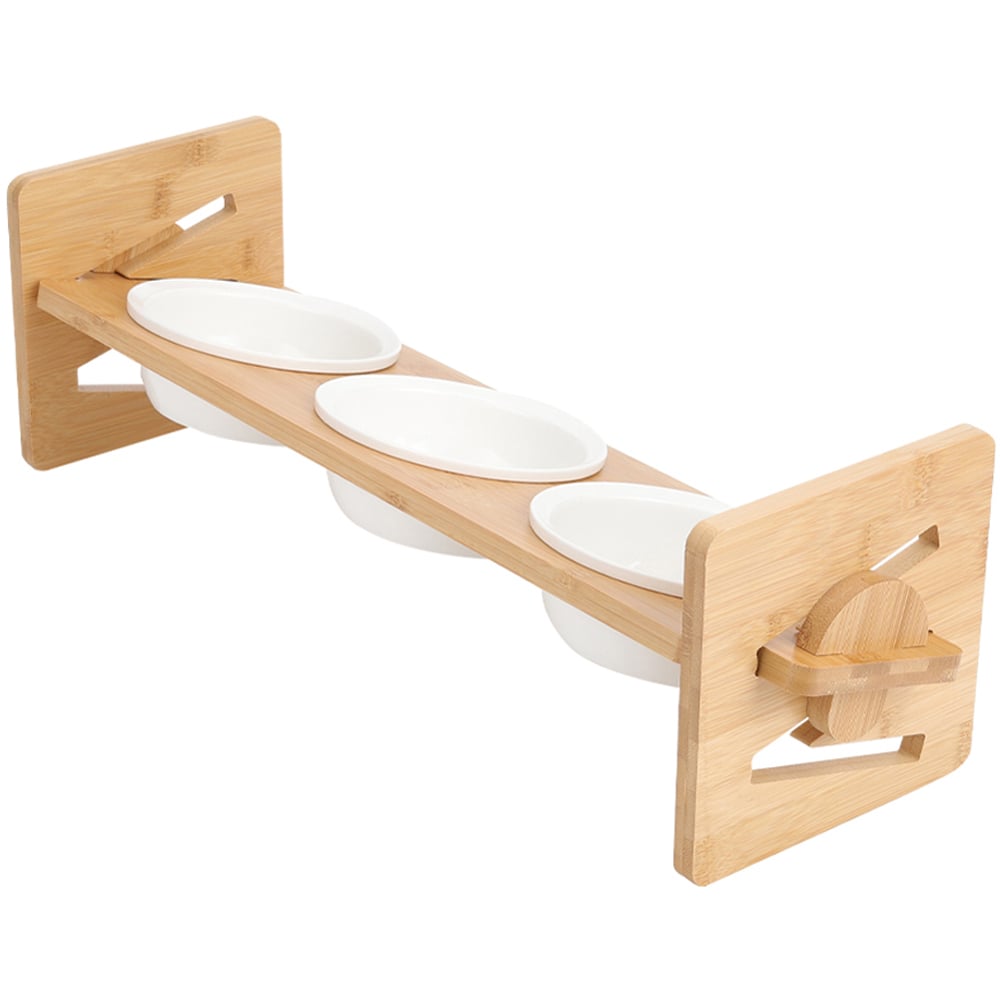 H&O Direct Triple Bowl Height Adjustable Bamboo Pet Feeder Image 2