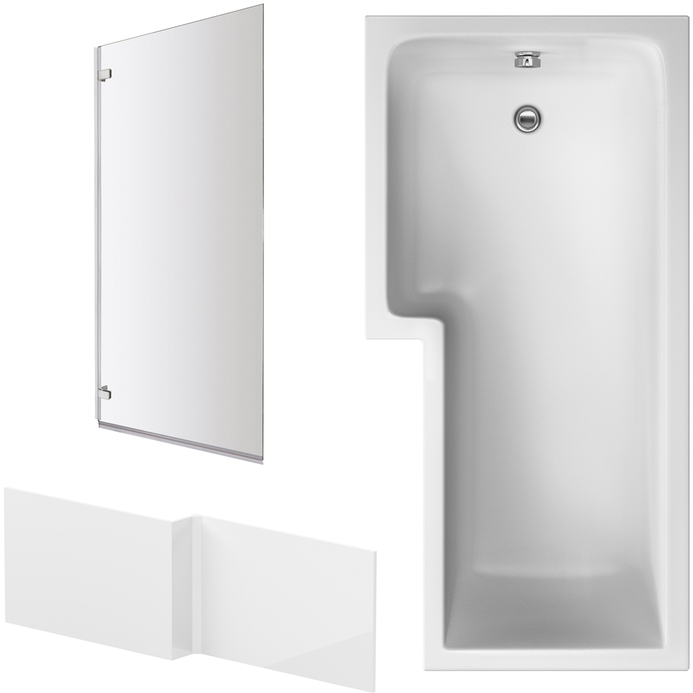 nuie 1700mm Left Hand Square Bath with Panel and Chrome Screen Image 1