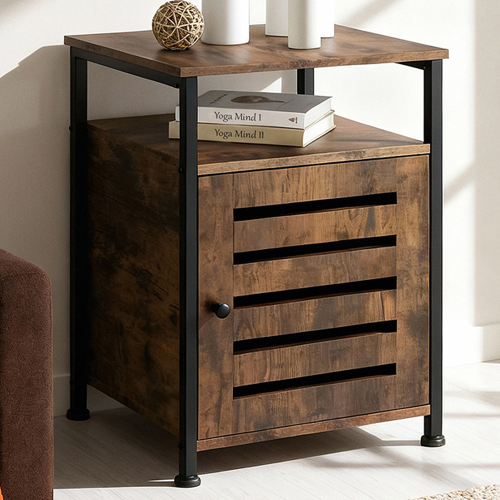 Tectake Cork Single Door Single Shelf Rustic Dark Wood Bedside Table Image 1