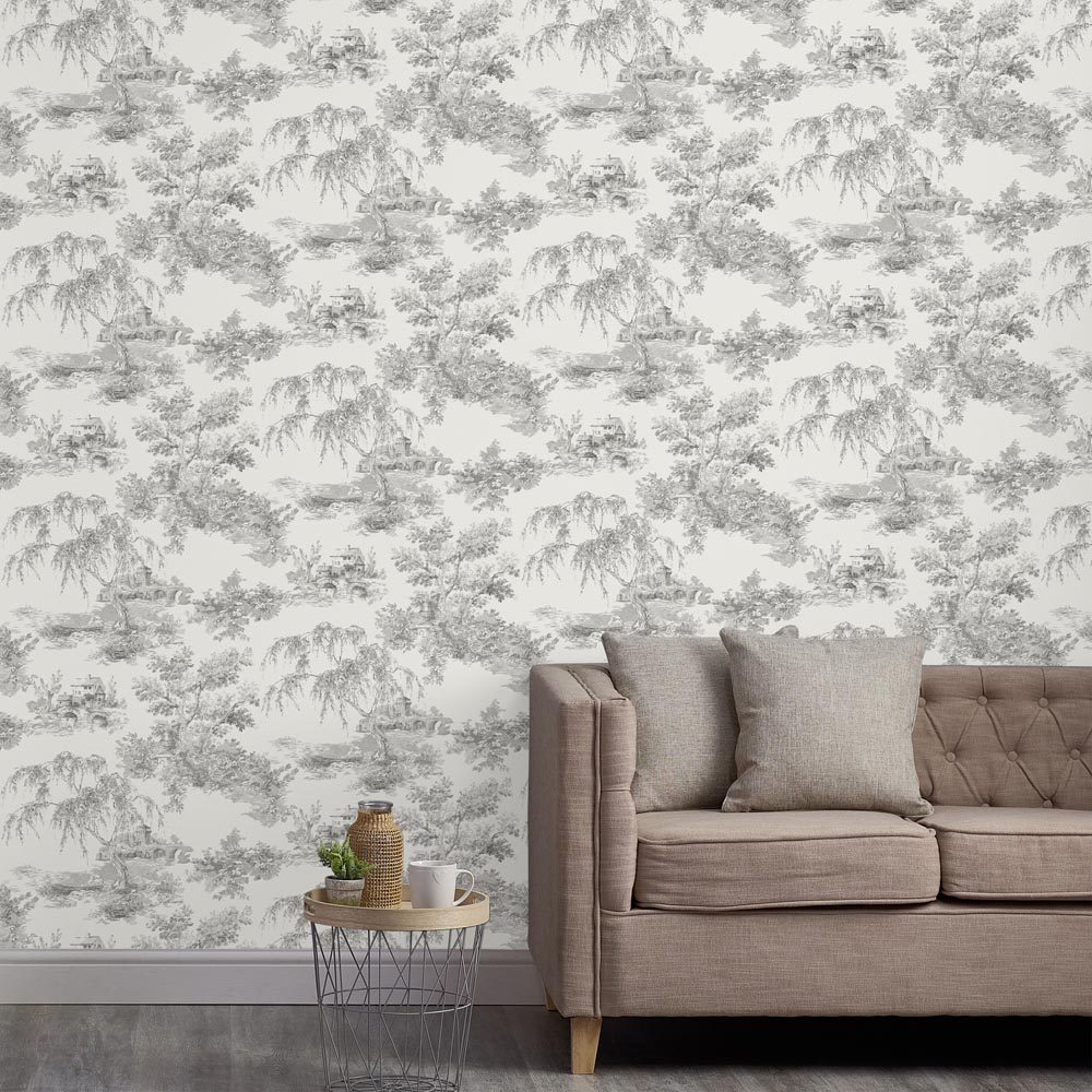 Grandeco French Vintage Toile Trees Grey Wallpaper Image 3