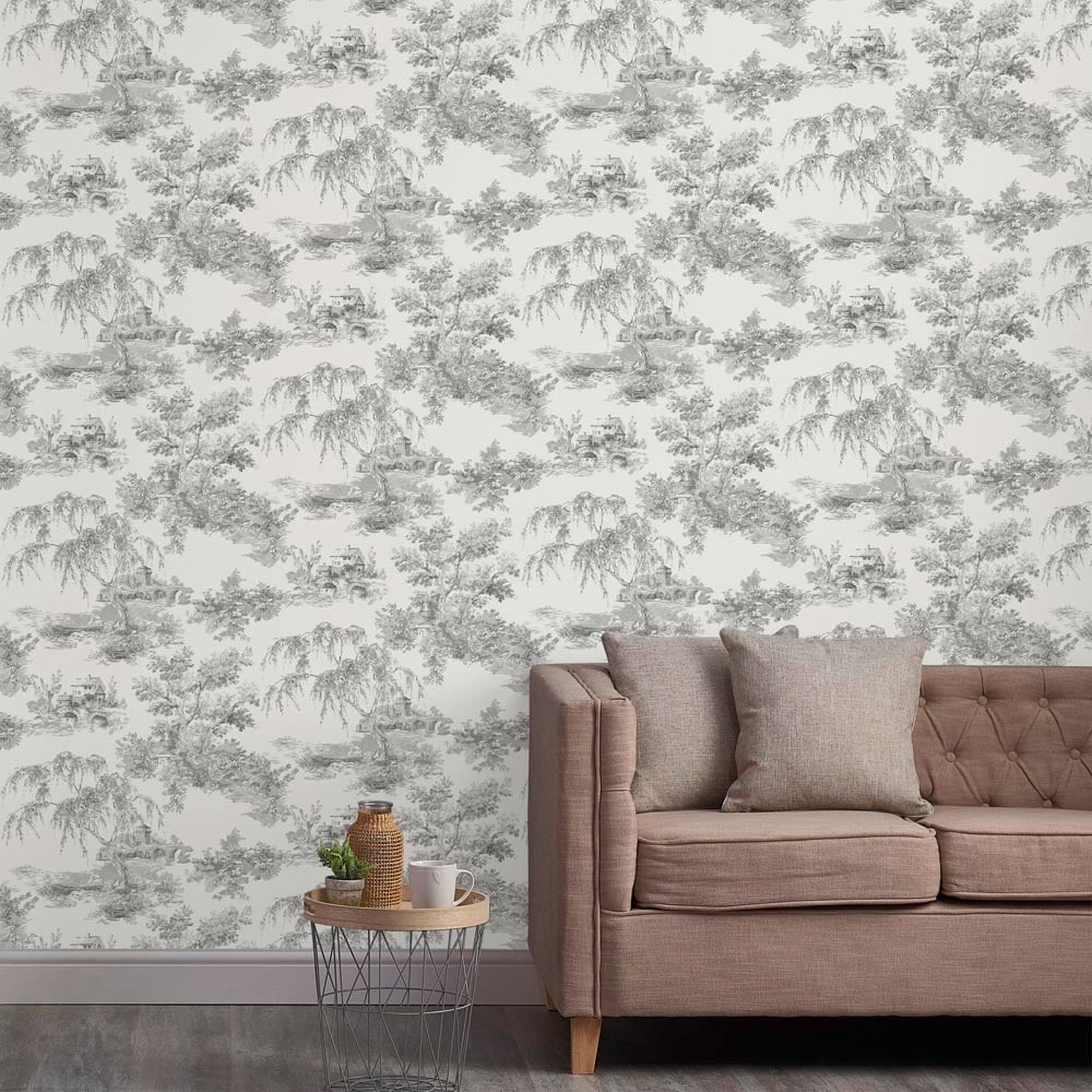 Grandeco French Vintage Toile Trees Grey Wallpaper Image 3