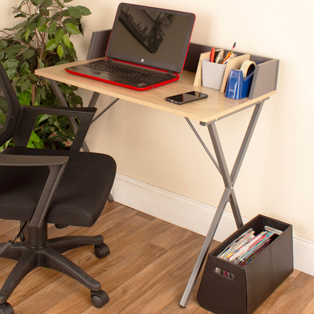 Luxe Study Loft Cross Legs Home Office Study Desk Oak Effect and Grey Image 1