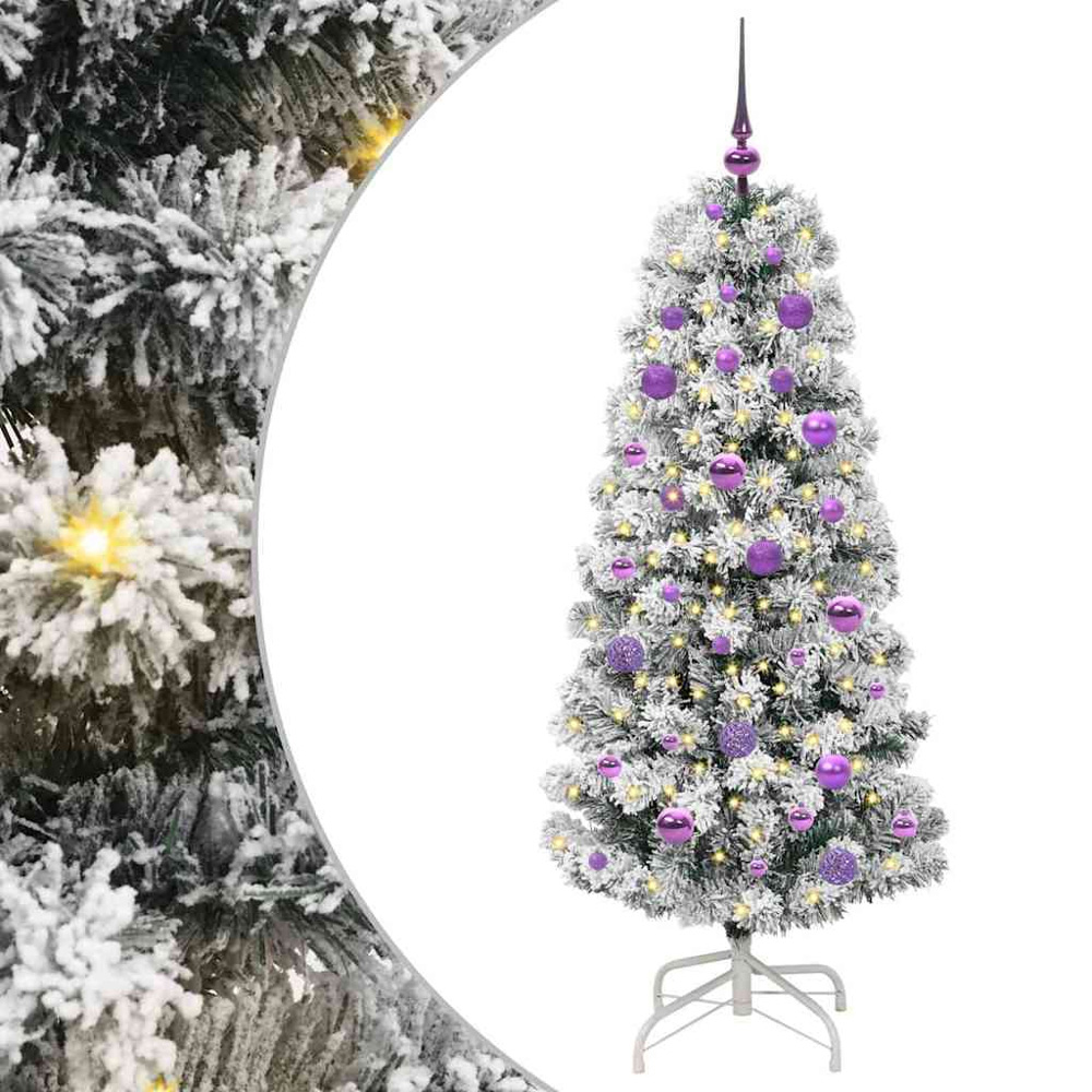 vidaXL Pre-Lit Warm White LED and Lilac Baubles Snow Flocked Artificial Christmas Tree 5ft Image 2