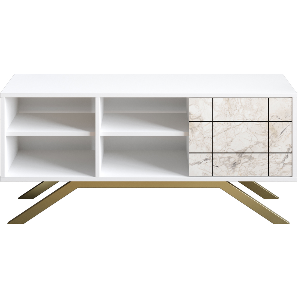 Decorotika North Single Door 4 Shelf White Marble and Gold TV Unit Image 2