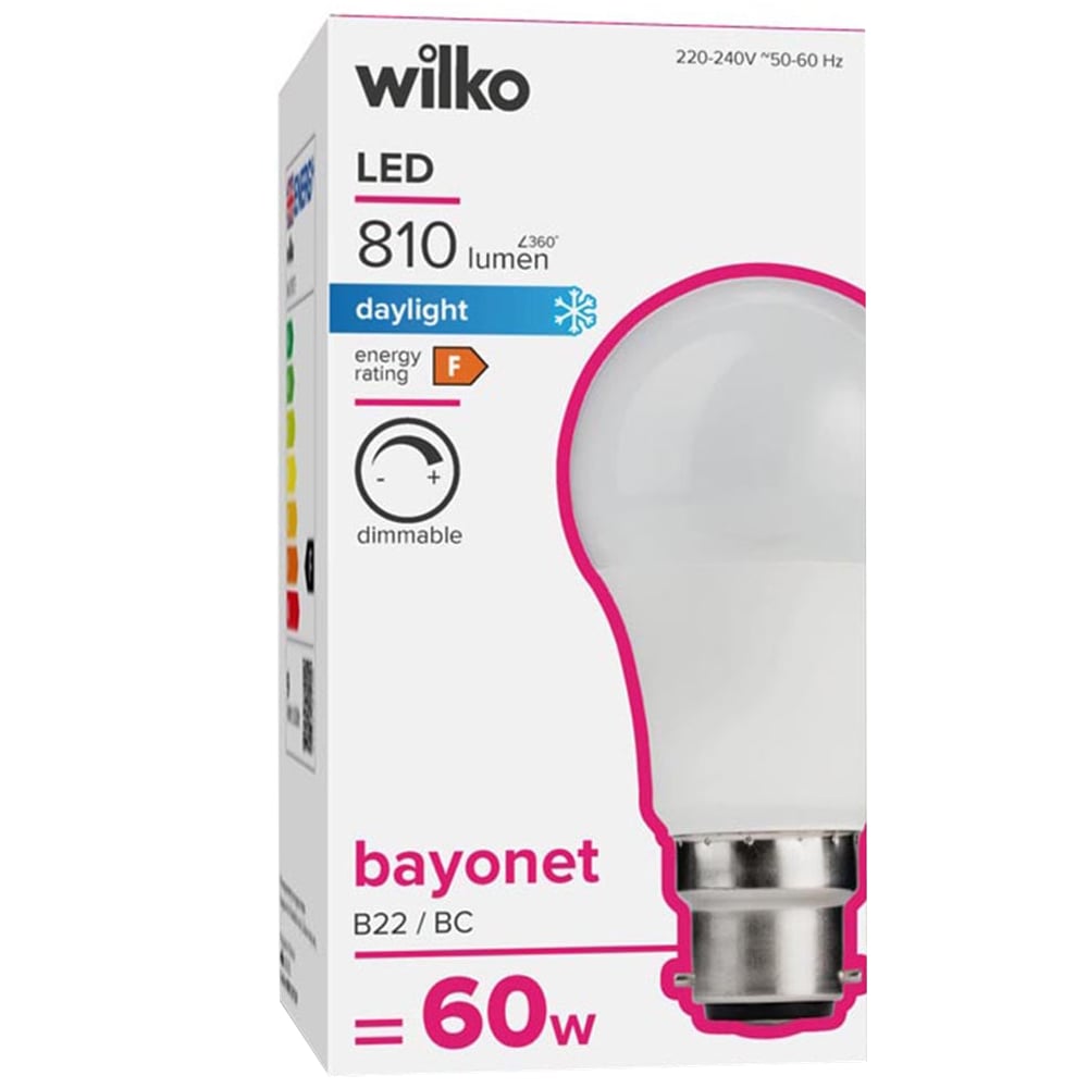 Wilko 1 pack Bayonet B22/BC LED 810 Lumens Dimmable Daylight GLS Light Bulb Image 1