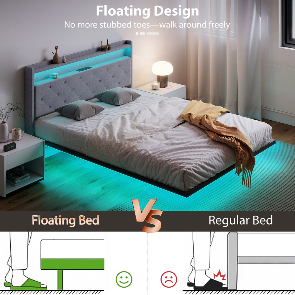 Portland King Size Grey Upholstered Floating Bed Frame with RGB LED Lights Image 4