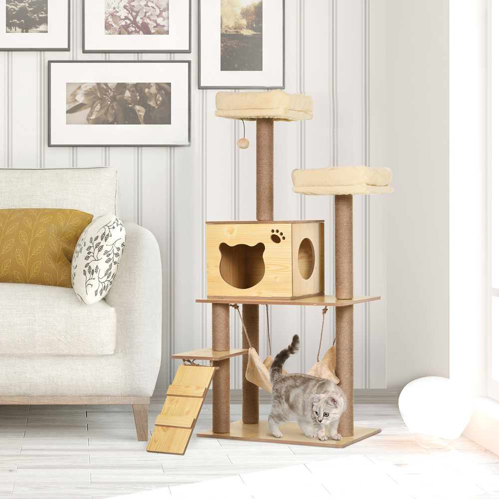 PawHut Yellow Large Cat Tree with Scratching Posts and Toy Ball 130cm Image 2
