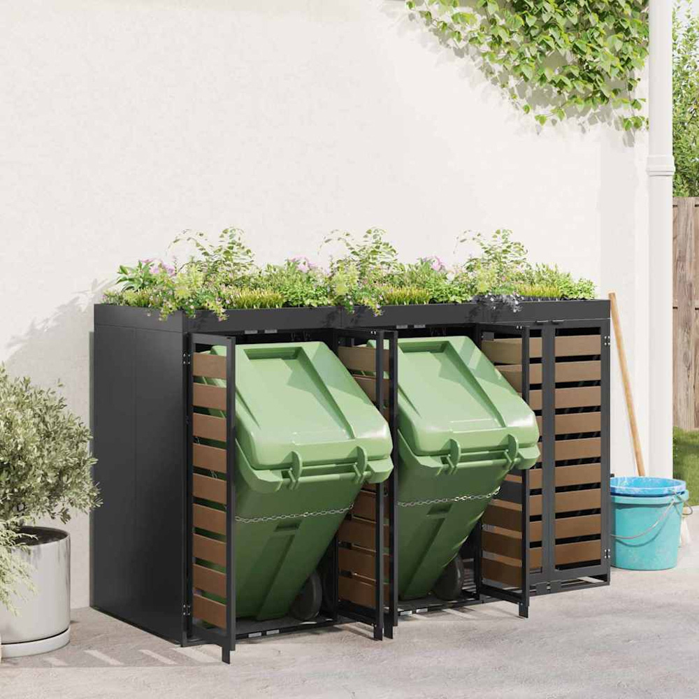 vidaXL Anthracite 3 Wheelie Bin Storage Shed with HDPE Door and Planter Roof Image 2