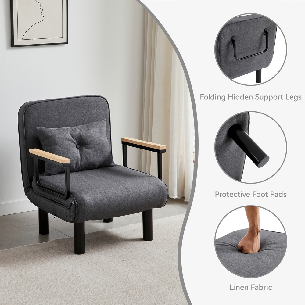 Single Seater Grey 4-in-1 Foldable Sofa Bed with Adjustable Backrest and Large Cushion Image 5