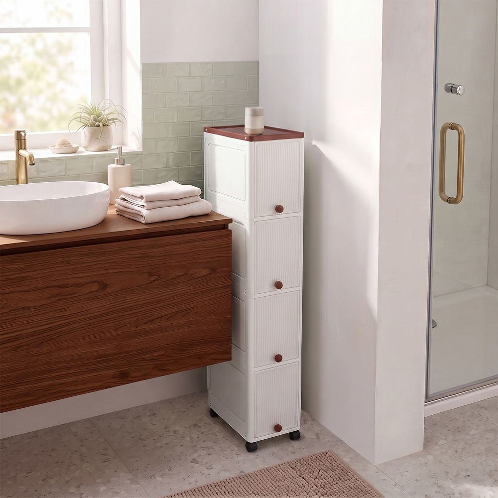 Living and Home 4 Shelf White Plastic Slim Storage Cabinet with Wheels Image 7