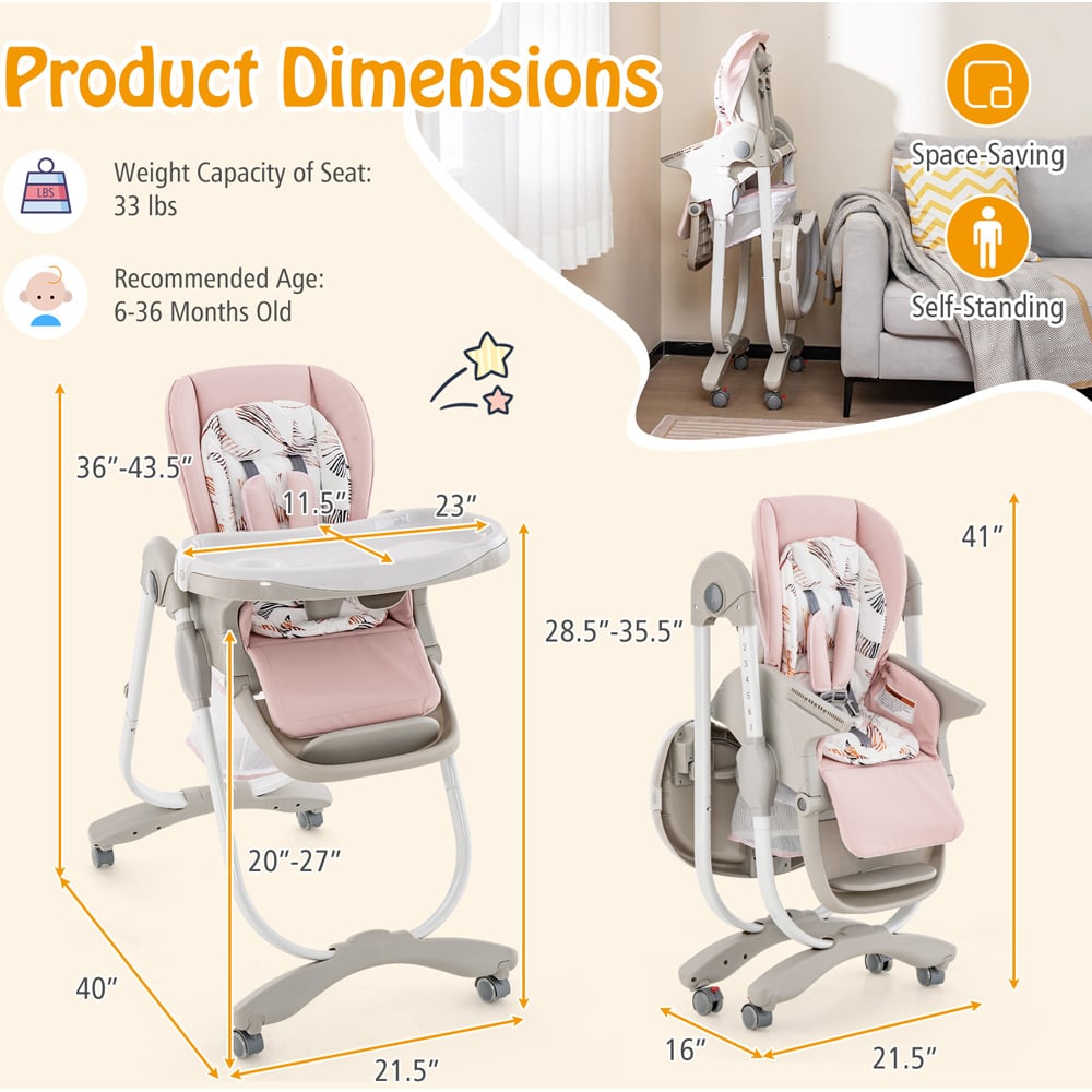 Costway Pink Multifunctional Folding Baby Highchair Image 9