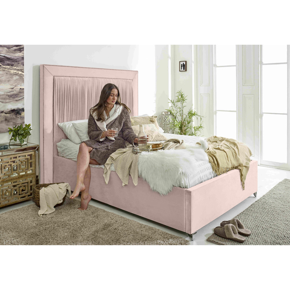 Eleganza Alexandra Small Double Pink Plush Velvet Bed Frame with Pleated Headboard Image 4