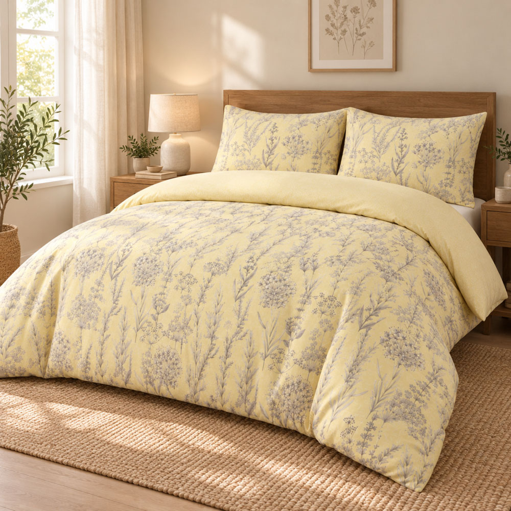 MHG Living Double Whispering Meadow Yellow Botanical Reversible Duvet Cover Set Image 1