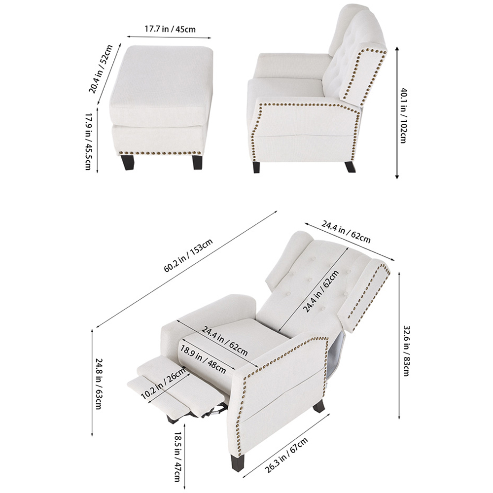 Living and Home White Chenille Pushback Recliner Chair with Footstool Image 9
