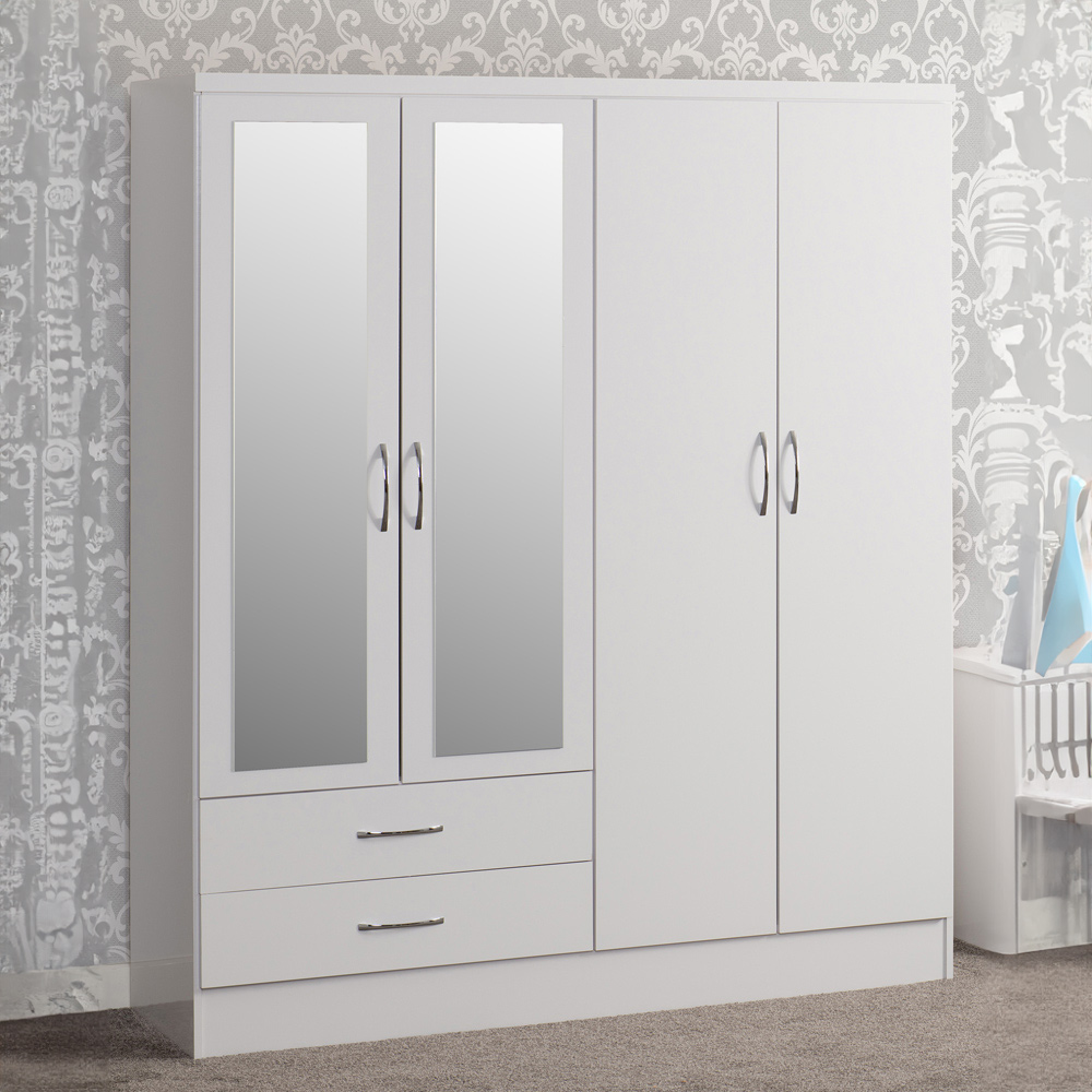 Seconique Nevada 4 Door 2 Drawer Gloss White Mirrored Wardrobe Image 1