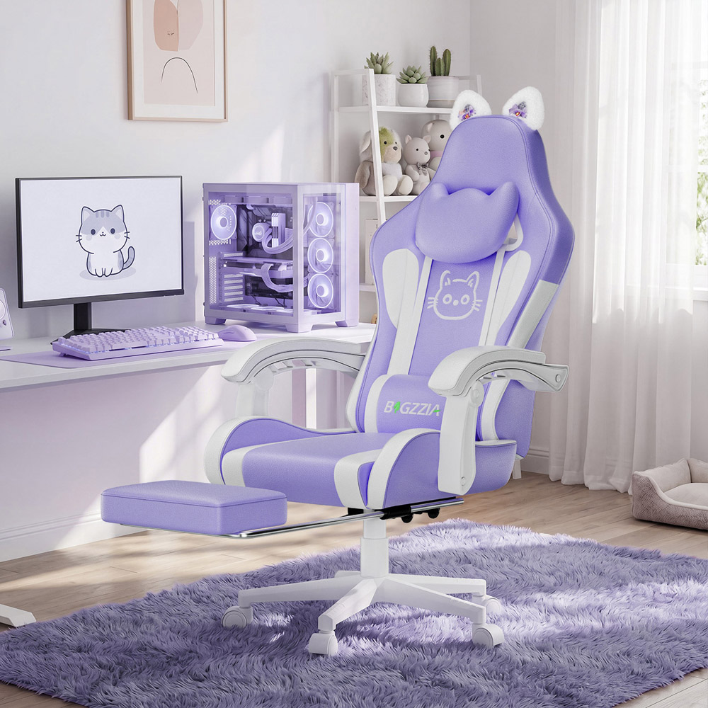 Rattrix Purple Cat Ears Gaming Chair with Massage Lumbar Support and Footrest Image 3