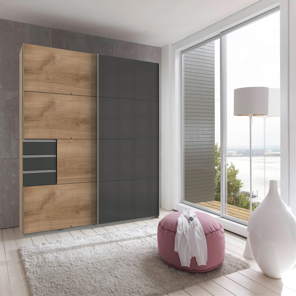 TJ'S Saigon Single Glass Door 3 Drawer Oak Black Wardrobe Image 6