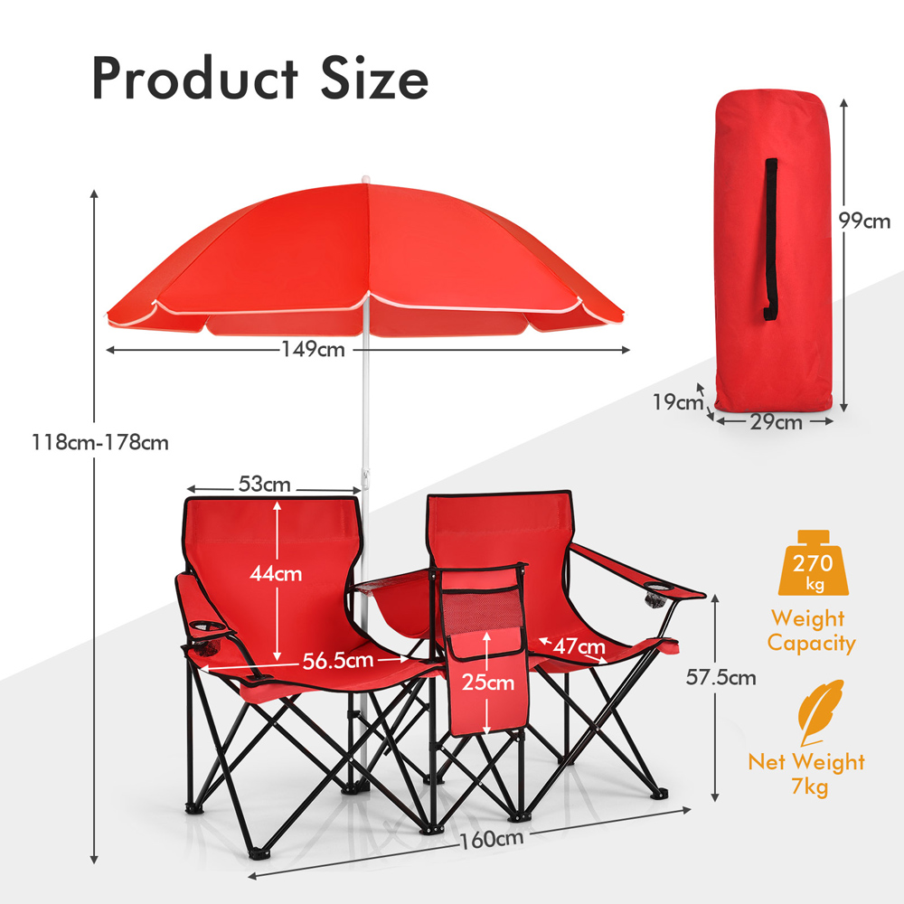 Costway Red Double Portable Camping Chair with Umbrella and Ice Bag Image 9
