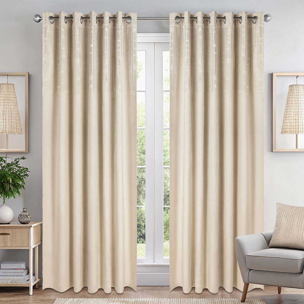 Alan Symonds Cream Cascading Diamante Studs Velvet Blackout Ring Top Eyelet Curtains 117 x 183cm Image 1