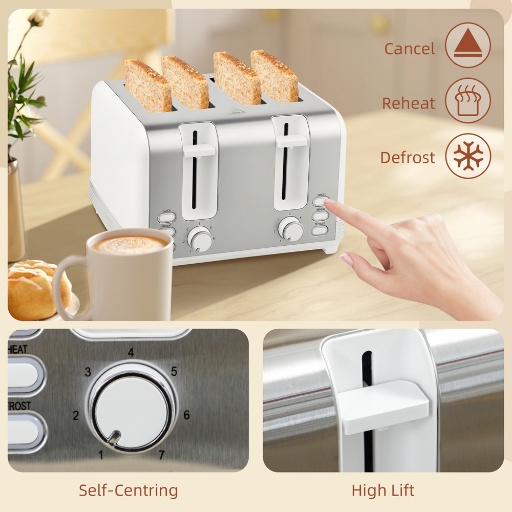 HOMCOM 800-267V70BK White 1.7L Quick Boil Kettle 3000W and 4 Slice Toaster Set Image 6