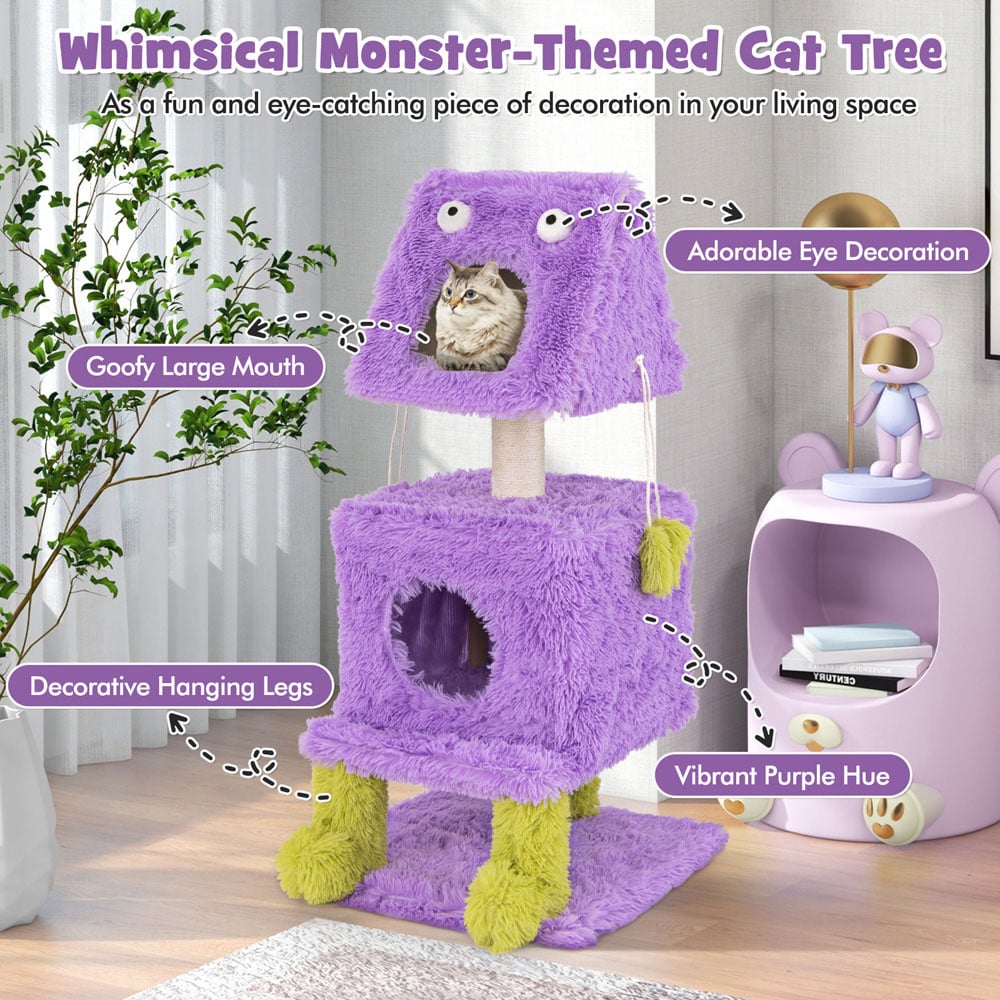 Costway Purple Monster Themed Cat Tower with 2 Private Condos 111cm Image 5