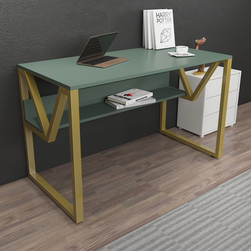 Decorotika Lona Single Shelf Study and Writing Desk Green and Gold Image 1