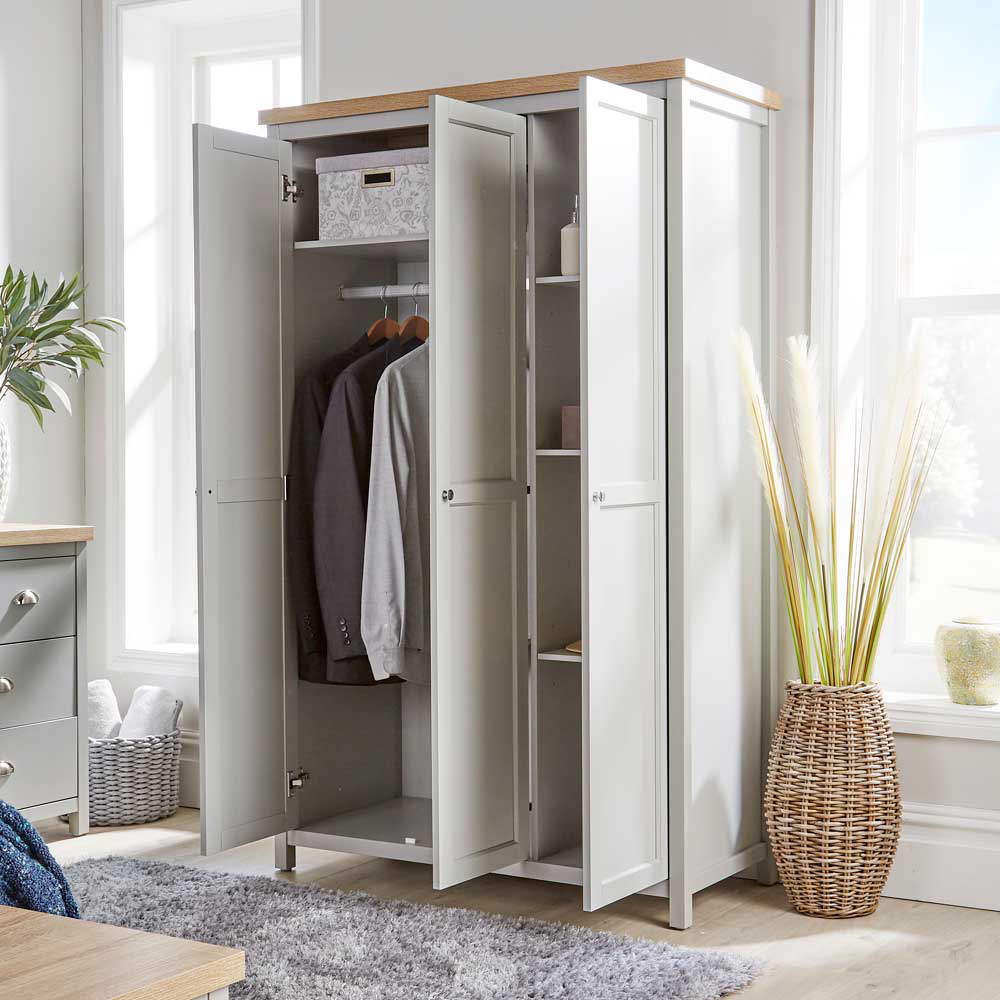 Home Source Avon 3 Door Light Grey with Oak Top Wardrobe Image 9