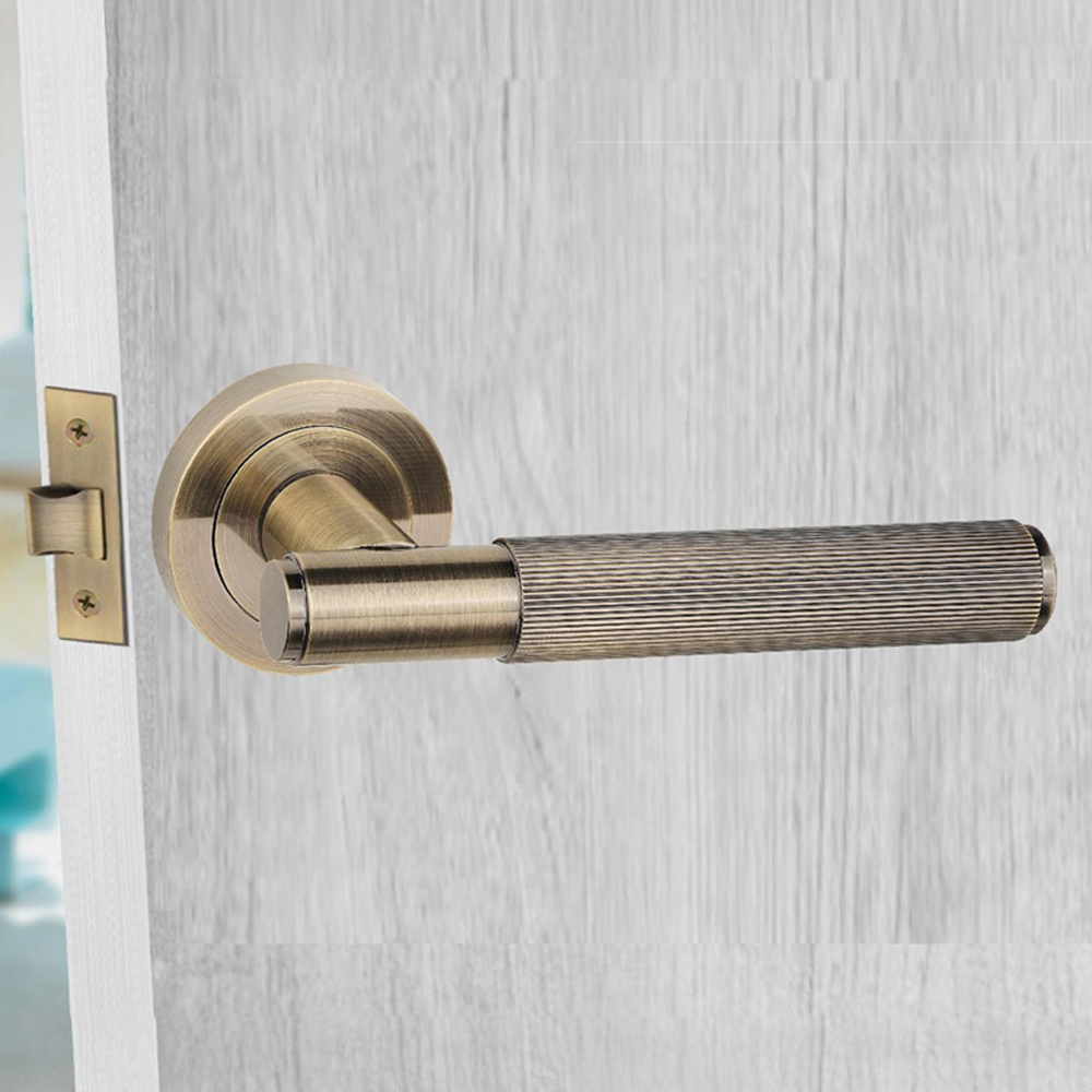 Golden Grace Antique Brass Straight T-Bar Linear Euro Lock Door Handle Set Image 2