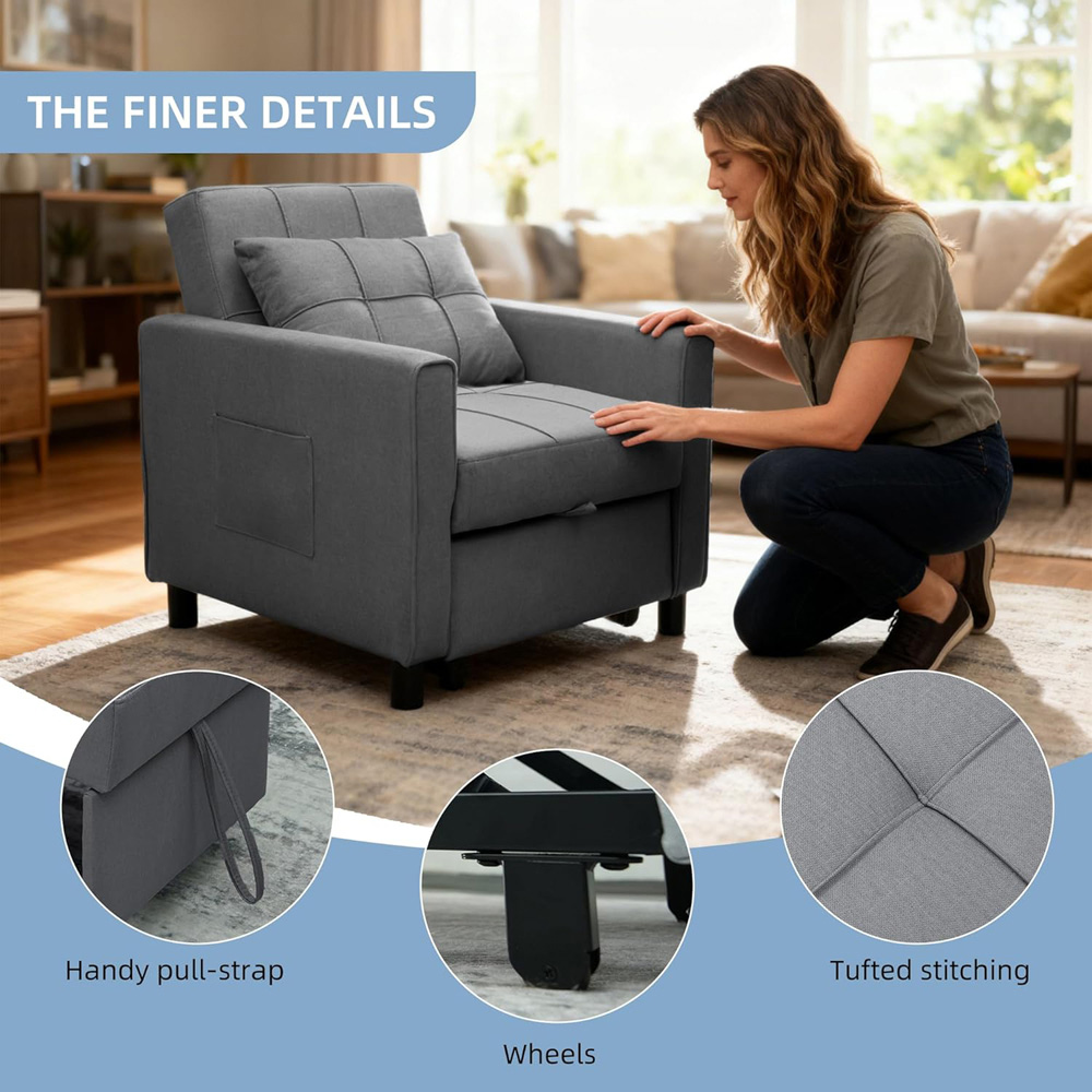 Alivio Singel Seater 3-in-1 Dark Grey Convertible Sofa Bed Chair Image 8