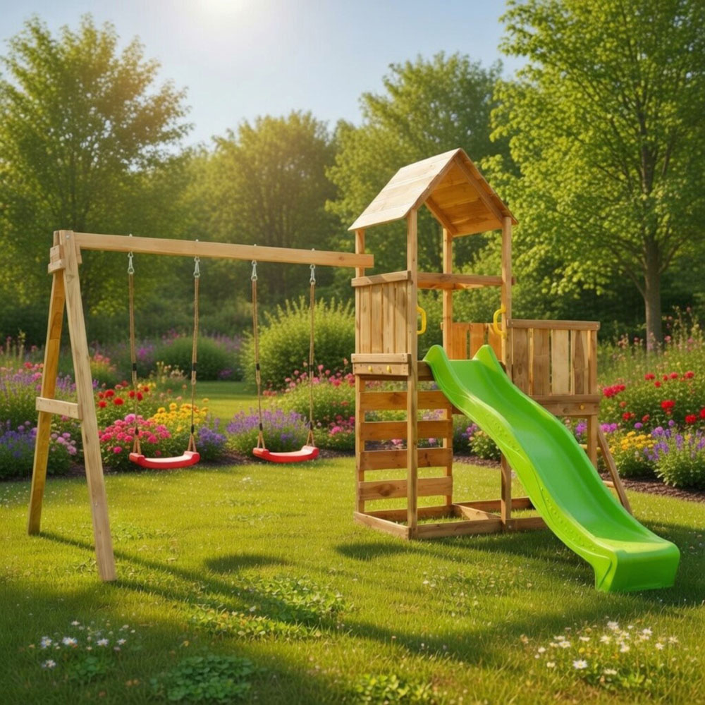 Shire Max Play Multi-Activity Wooden Play Tower with Slide Swings Climbing Wall and Sandpit Image 2