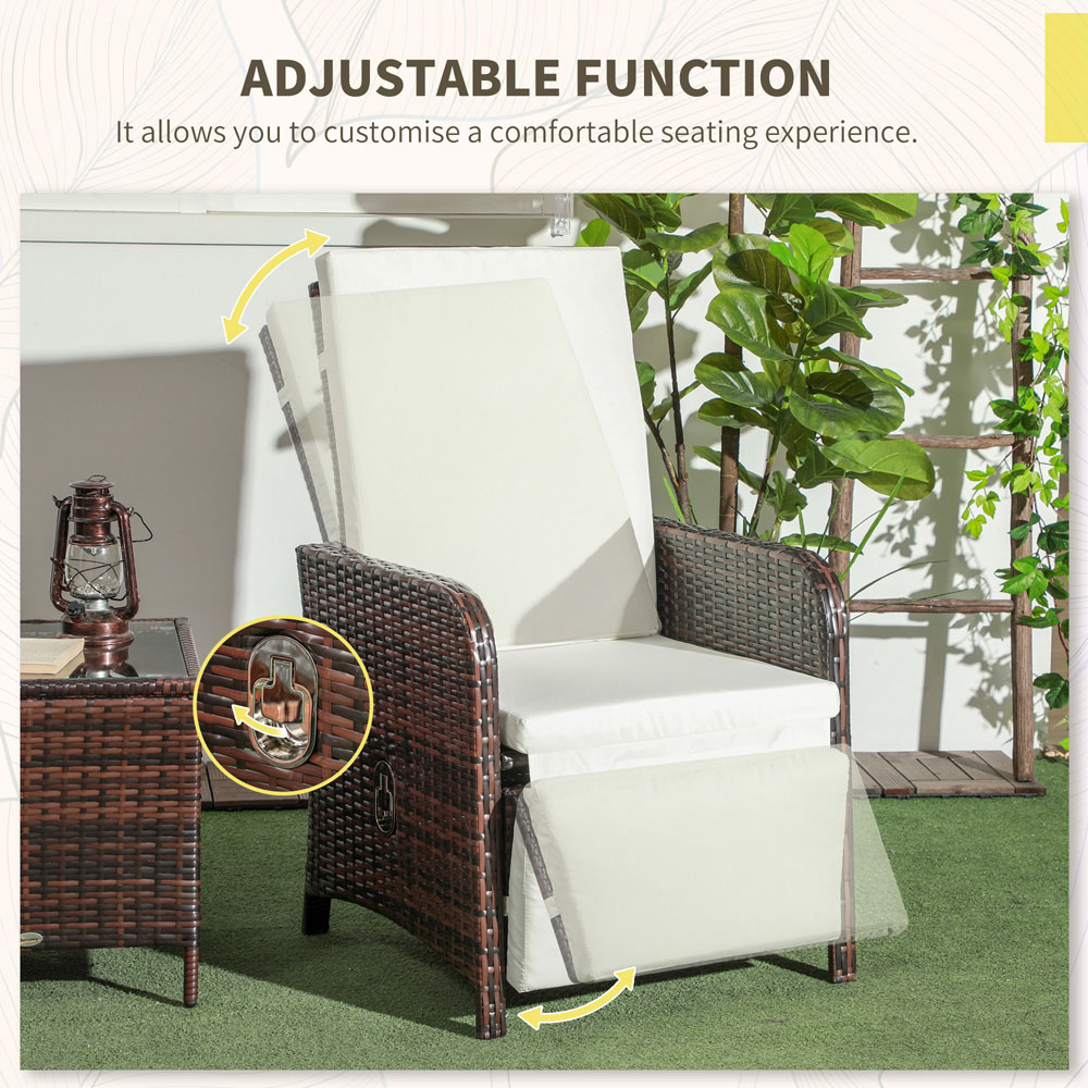 Outsunny 2 Seater White and Brown PE Rattan Recliner Bistro Set Image 4
