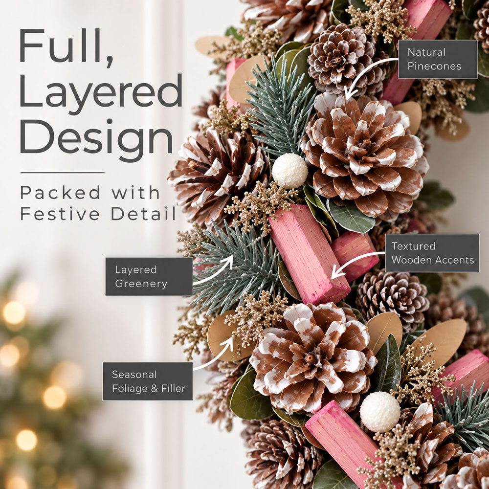 Neo White and Pink Artificial Frosted Christmas Wreath with Berries and Pine Cones 50cm Image 5
