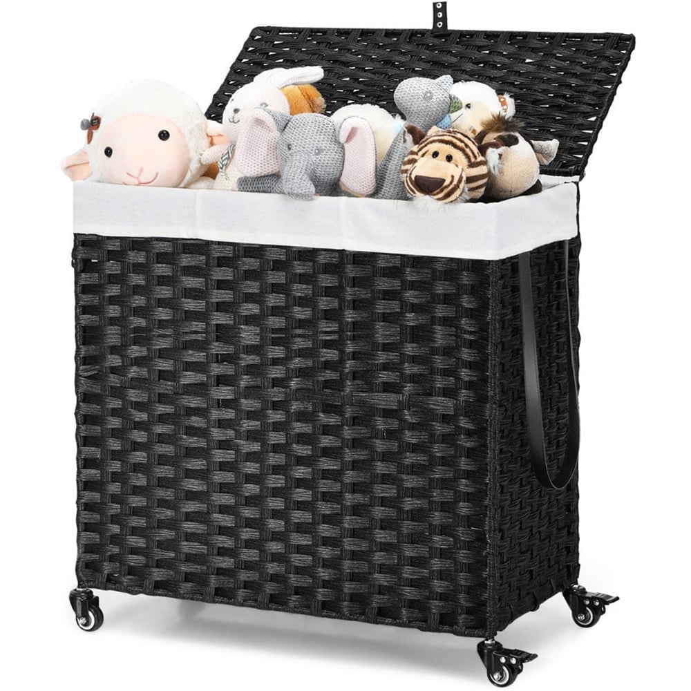 Costway Black 2 Bags Handwoven Rattan Laundry Hamper with Lid and Wheels 125L Image 1