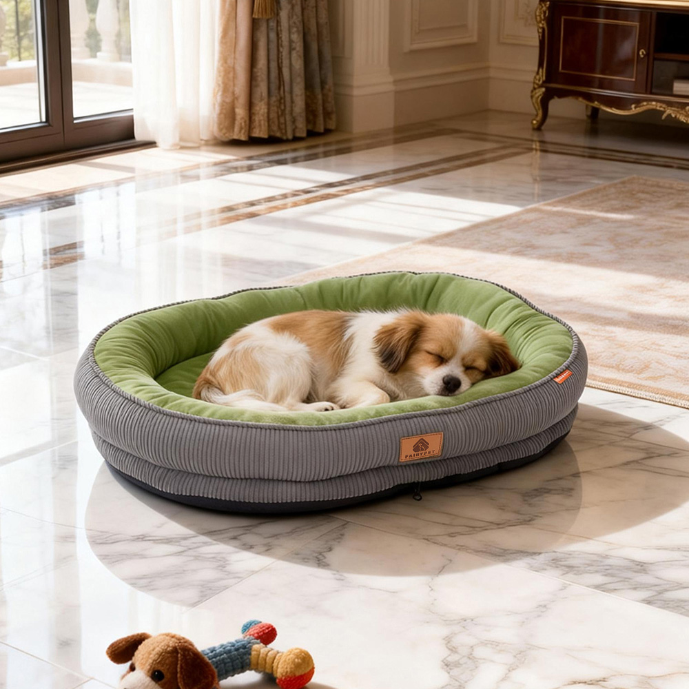H&O Direct 50cm Grey and Green Corduroy Dog Cuddle Bed with Anti-Slip Bottom Image 2