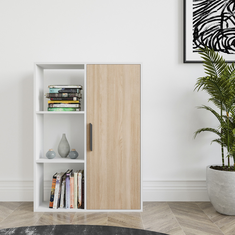 Decorotika Patrick Single Door 3 Shelf White and Oak Bookcase Image 4