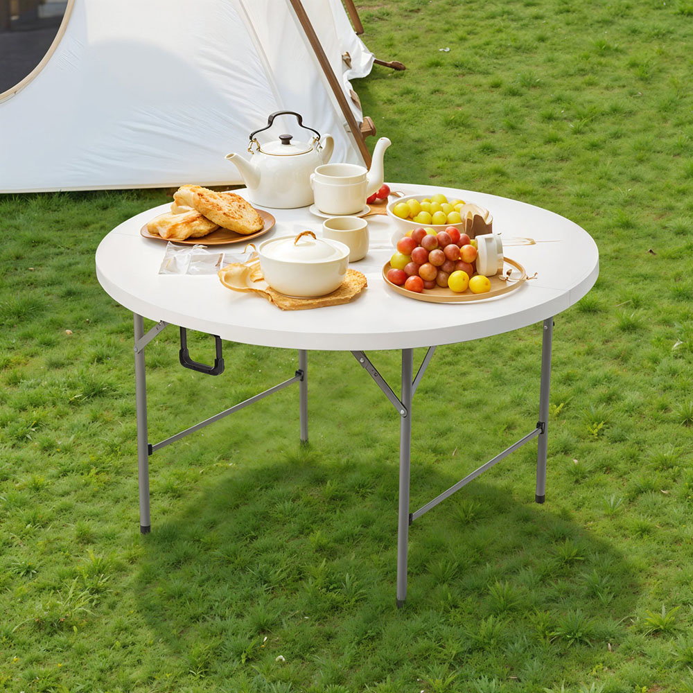 Living and Home White Outdoor Round Folding Camping Table with Handle Image 2