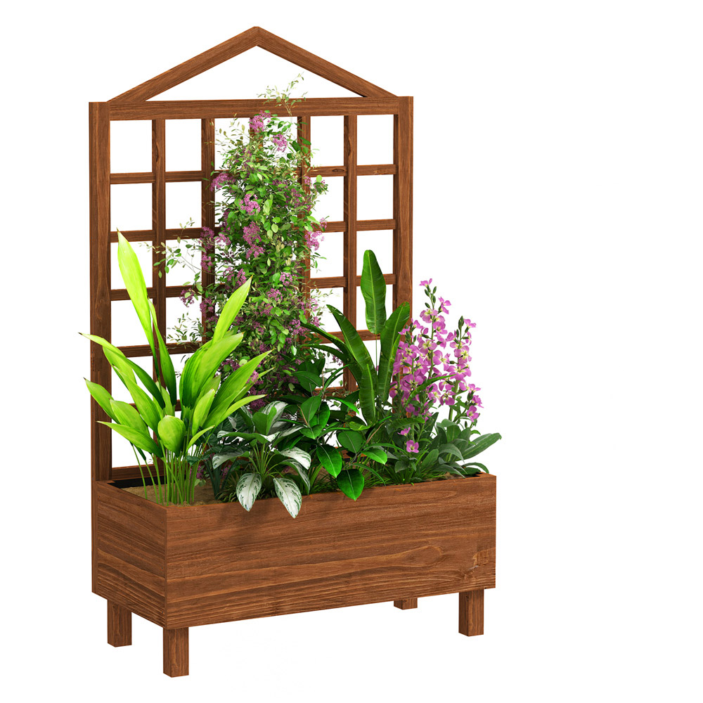 Outsunny Brown Wooden Garden Planter with Trellis Image 1