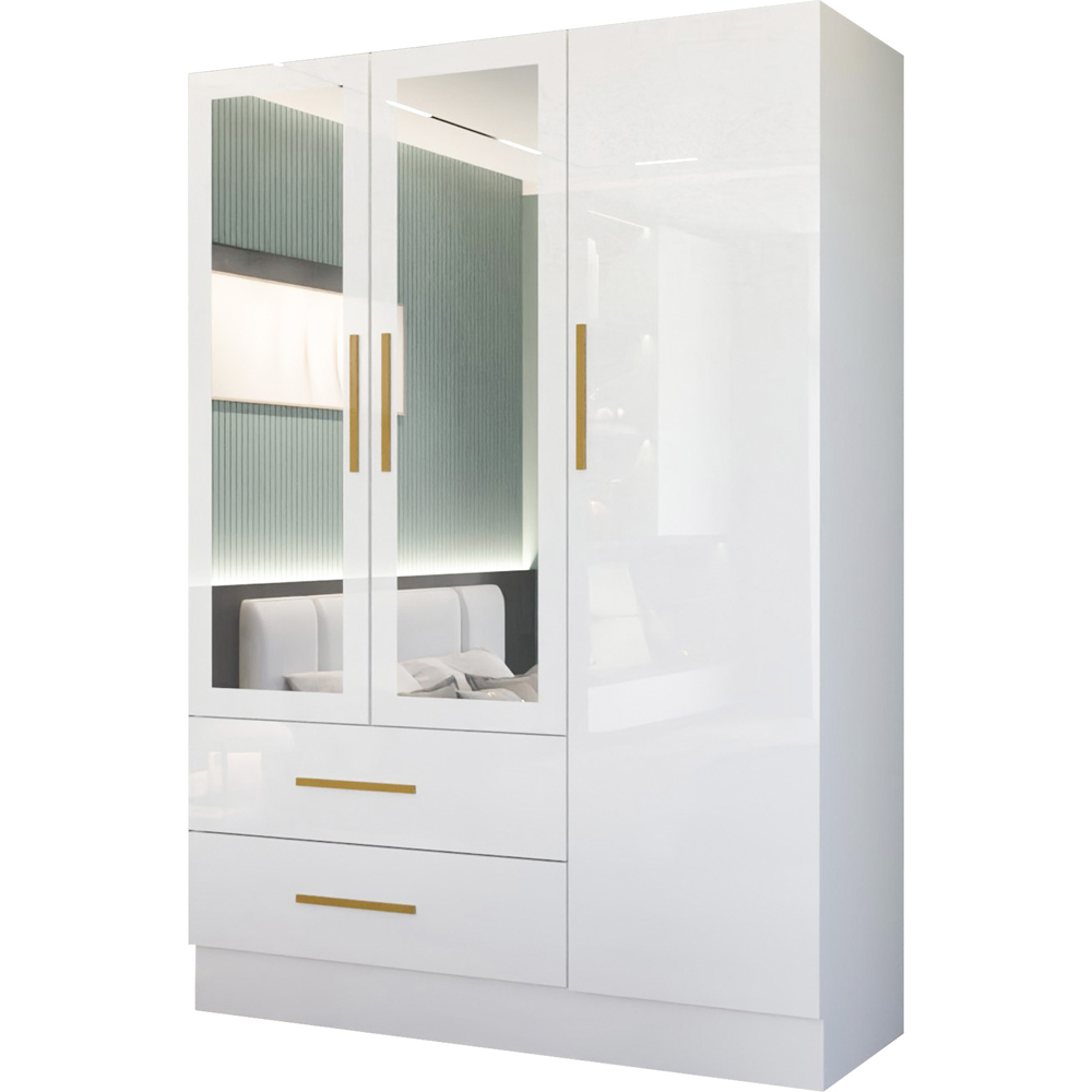 M N Furniture Glossera 3 Door 2 Drawer White High Gloss Mirrored Wardrobe 116cm Image 2