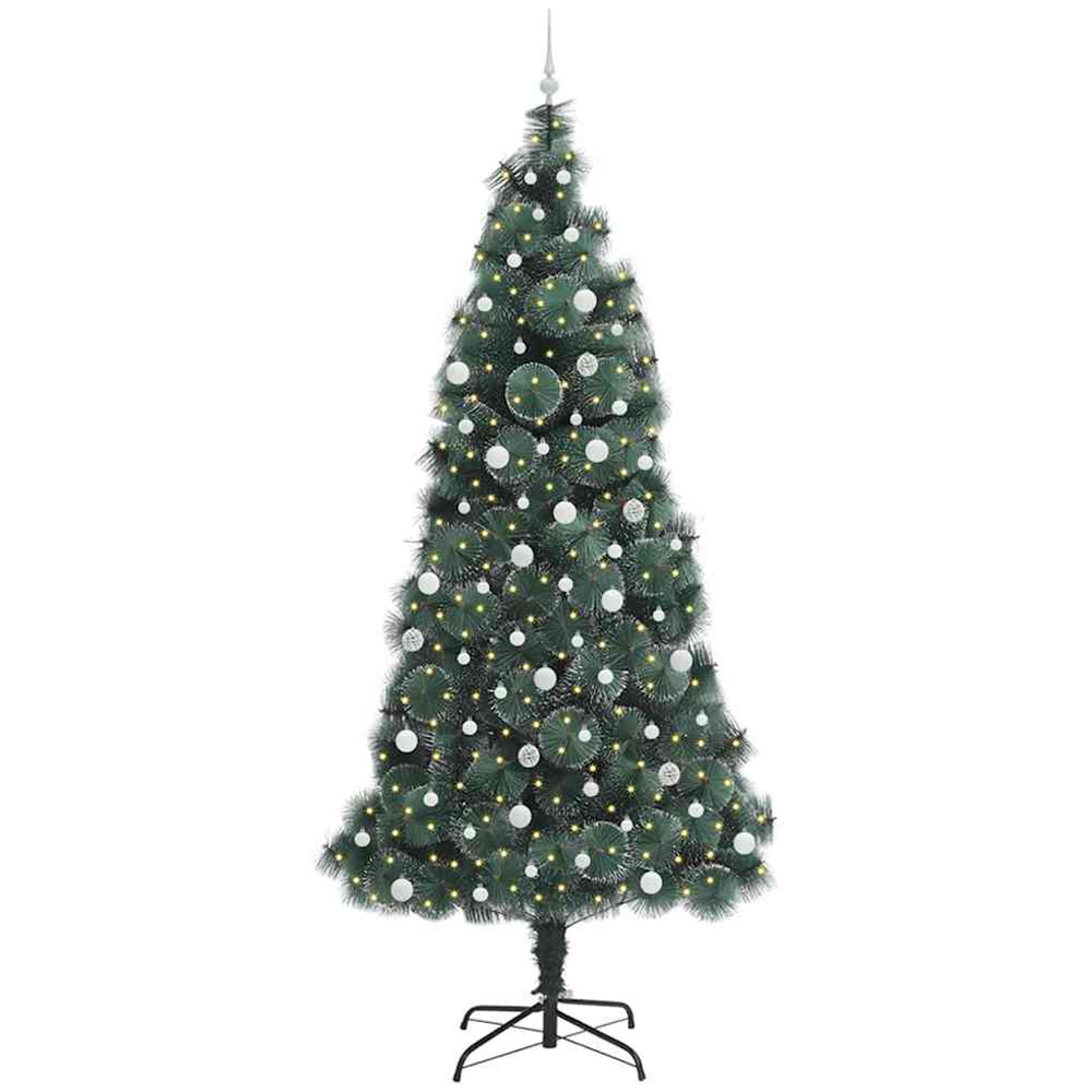 vidaXL Pre-Lit White Baubles Green Artificial Christmas Tree 8ft Image 1