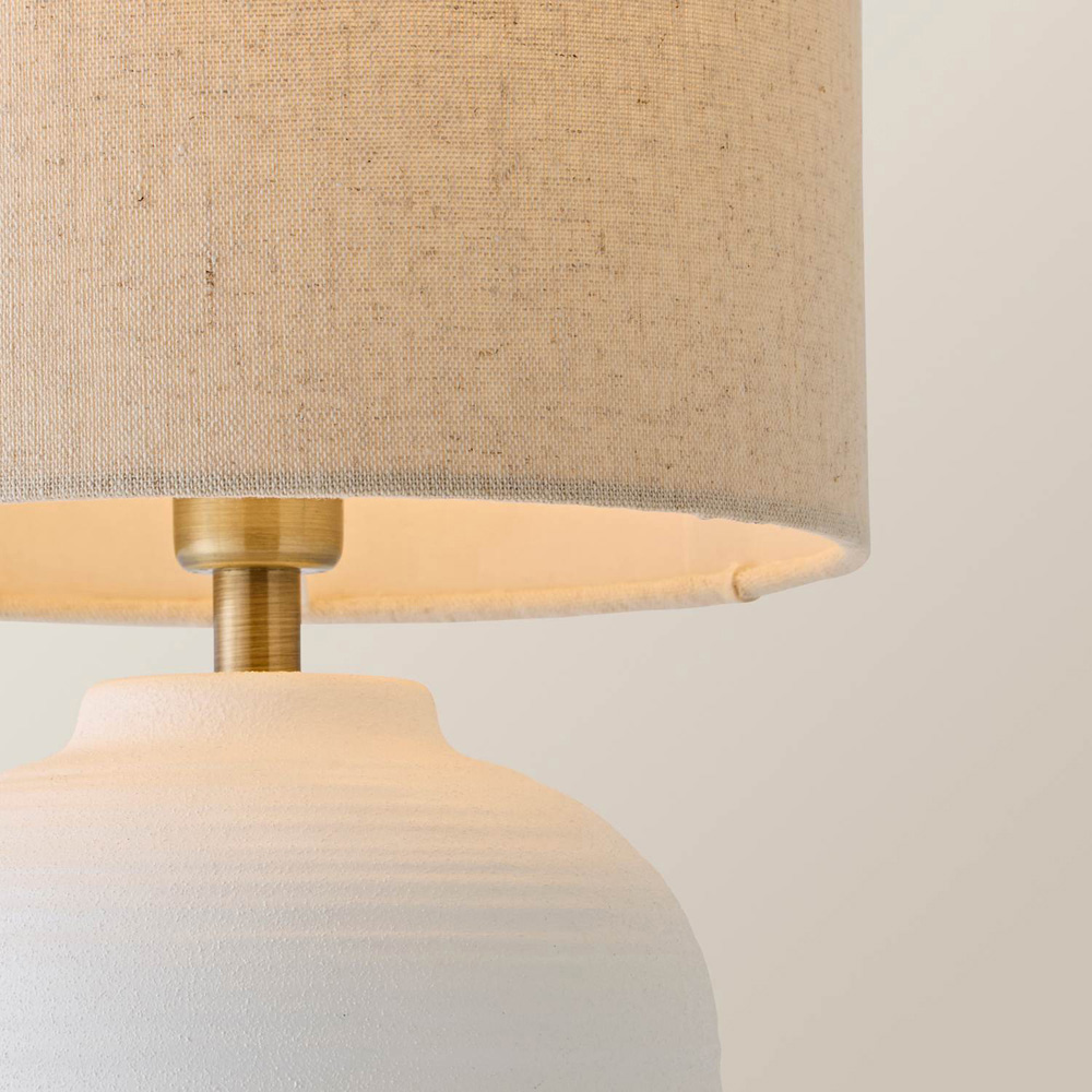 ValueLights Reid Linen Drum Shade White Ribbed Ceramic Small Table Lamp with Bulb Image 3