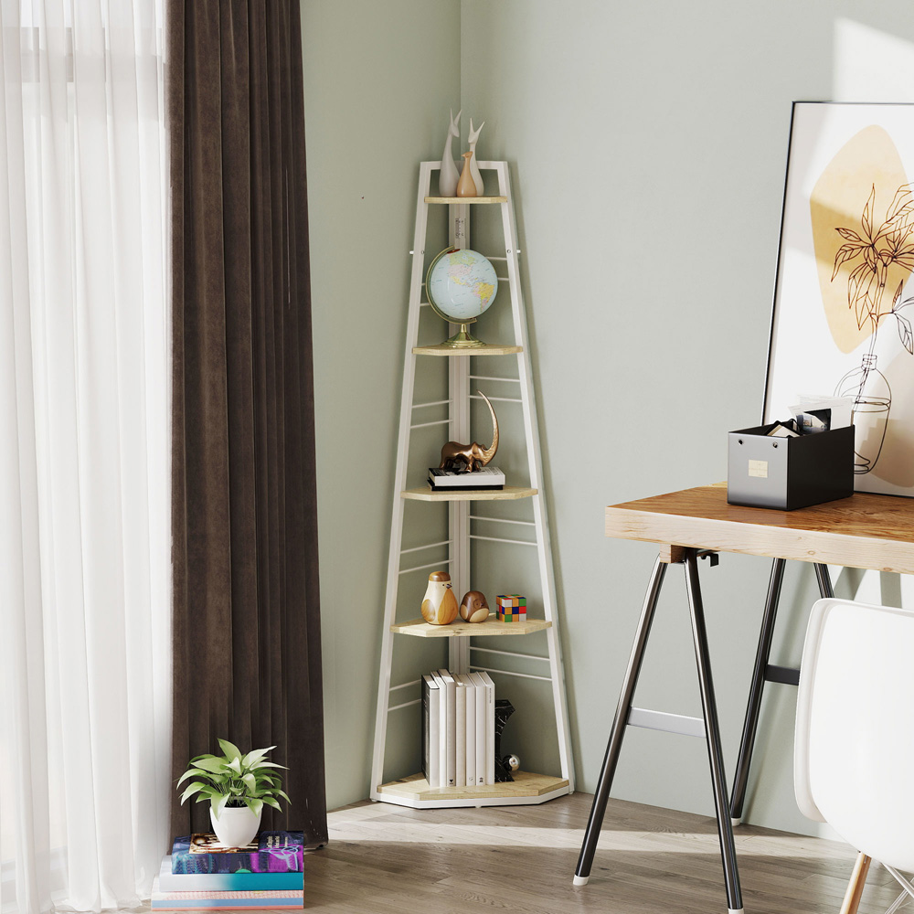 HOMCOM 5 Shelf Natural Wood Corner Adjustable Shelving Unit Image 3